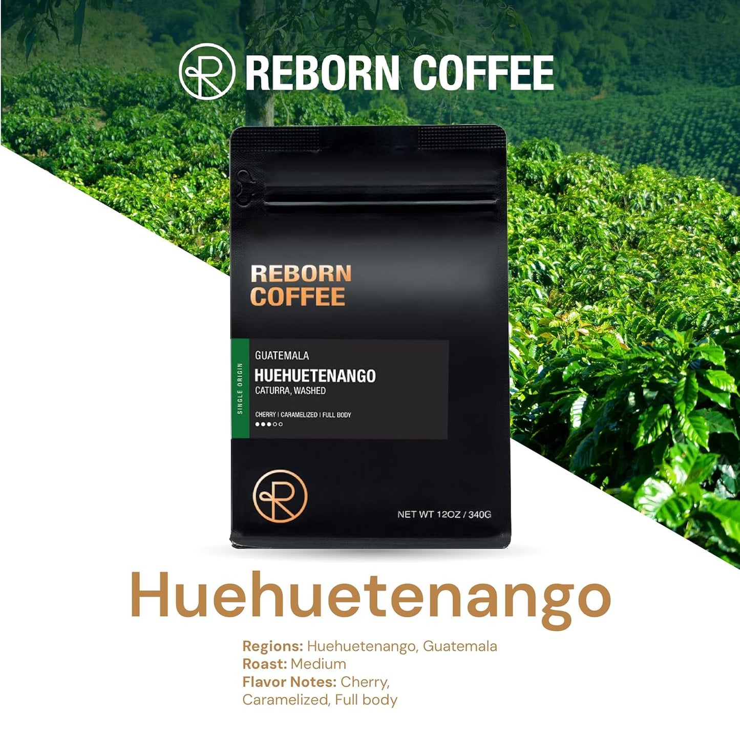 Reborn Coffee Specialty Whole Bean Coffee, Medium Roast, 12 Ounce, Guatemala Huehuetenango, Flavor Notes of Cherry, Caramelized, and Full Body