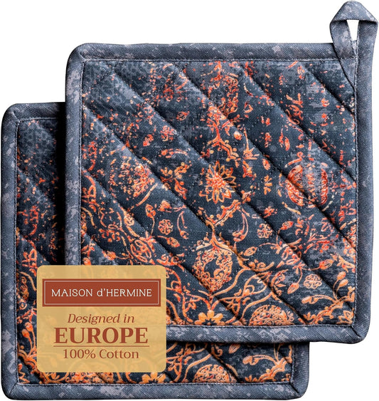 Maison d' Hermine Pot Holders Set 100% Cotton Heat Resistant Potholders 8" x 8" Hot Pads with Loop BBQ, Cooking, Baking, Grilling, Kitchen, Handling Hot Pans (Pack of 2, Imperfection)