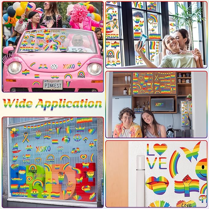 9 Sheets LGBT Rainbow Window Clings, Pride Decorations Window Cling, Gay Love Heart Stickers, Double-Side Pride Wall Clings Decals for Pride Day LGBTQ Rainbow Party Parades Supplies Decor
