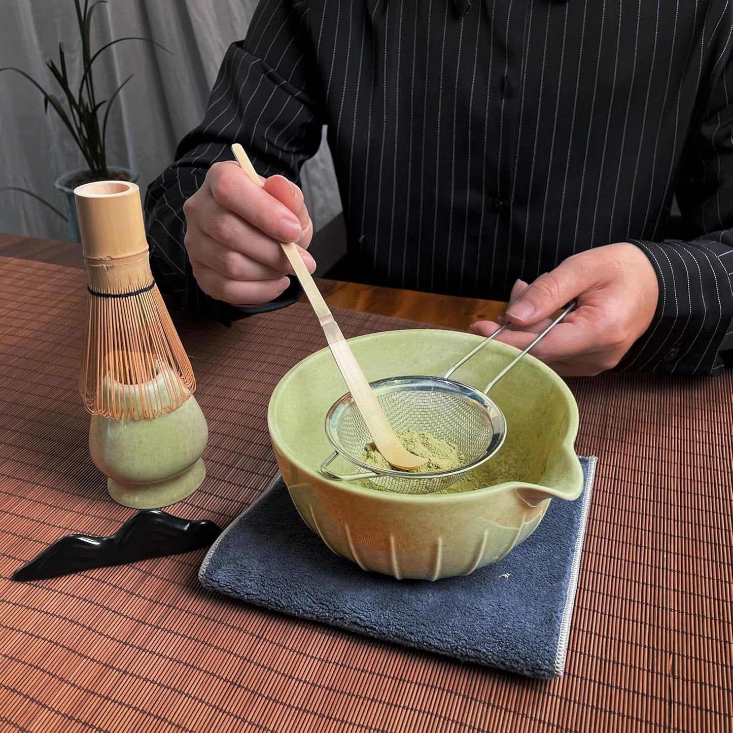 Matcha Whisk Set (7pcs) - Matcha Set with Whisk,Pouring Spout Bowl(15oz),Chasen Holder,Powder Sifter,Bamboo Scoop with Stand,Tea Cloth,Perfect Tools Kit for Tea Ceremony(Celadon Green)