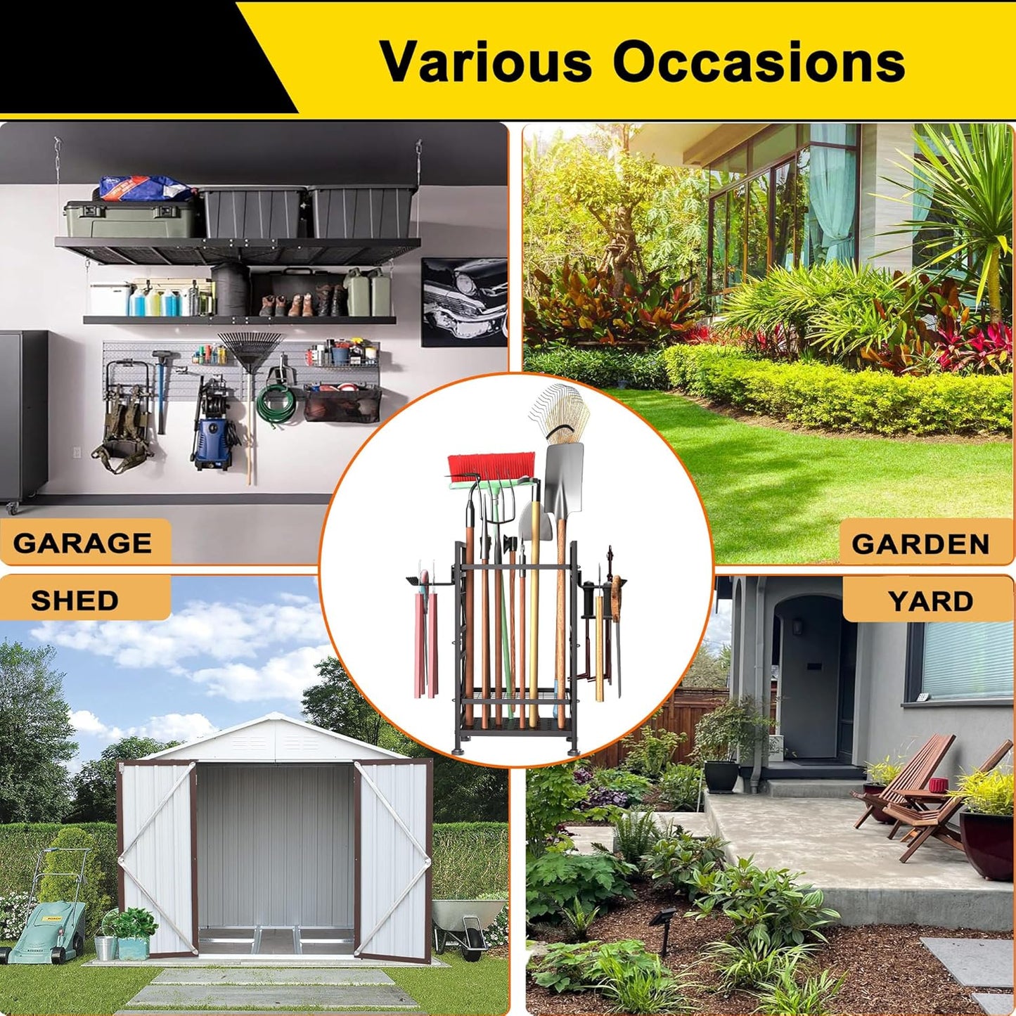 GIOTORENT 3 Tier Metal Garden Tool Organizer - Heavy Duty Yard Storage for Up to 78 Tools, Indoor/Outdoor Garage Patio Shed Organization - Black