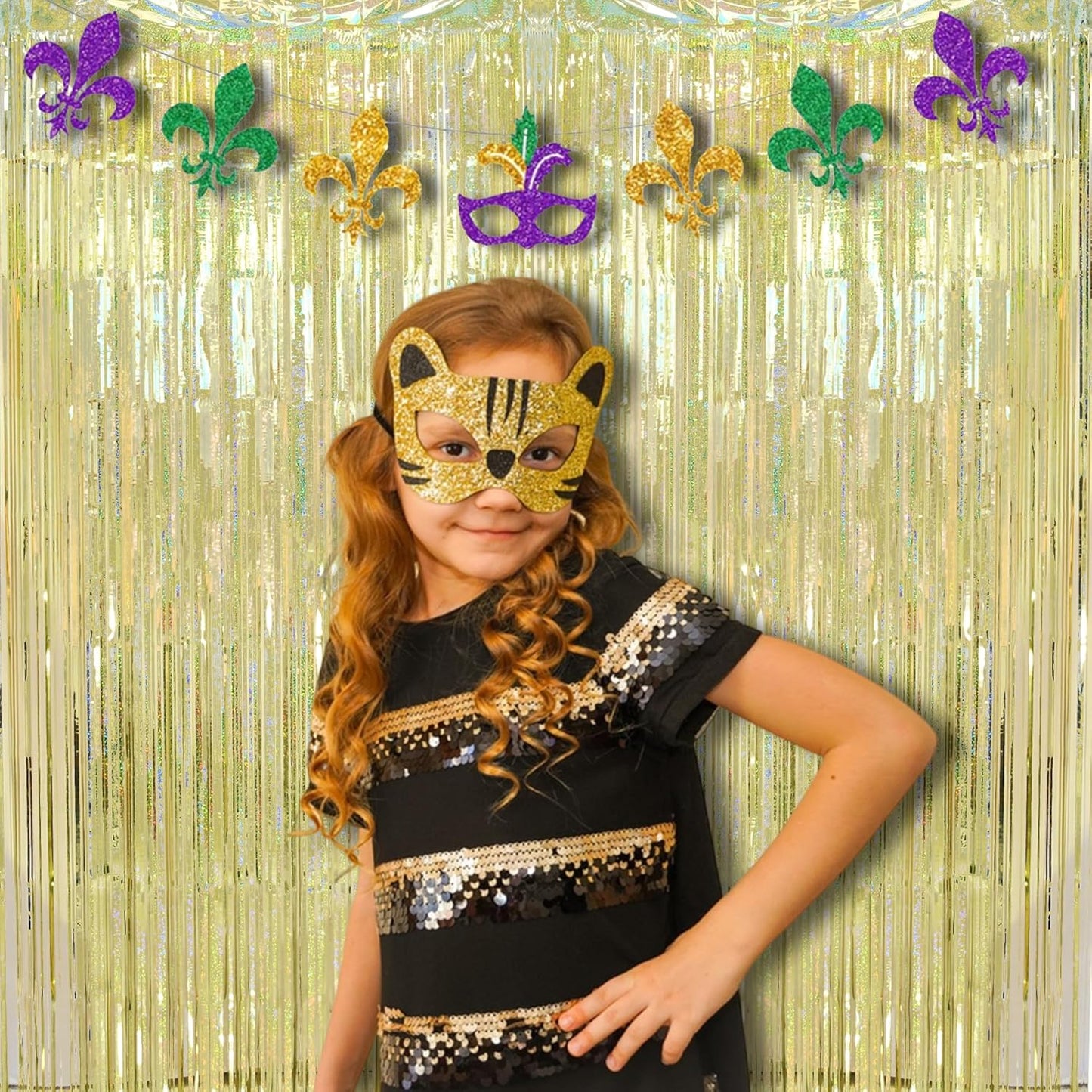 BRAVESHINE Gold Tinsel Streamers Party Backdrop - 2 Pack 3.2x8.2ft Metallic Foil Fringe Curtain for Christmas/New Years/Prom/Birthdays/Engagement/Anniversary/Hawaiian/Luau Party Decorations