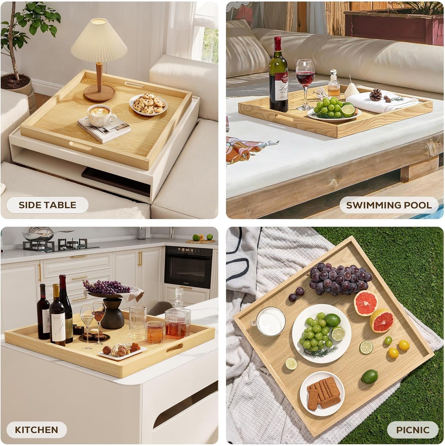 Axeman 24 Inch Large Square Wooden Ottoman Tray for Living Room|Extra Large Serving Tray with Handles for Coffee Table, Breakfast|Decorative Wood Tray for Ottoman Couch Sofa Kitchen|Natural