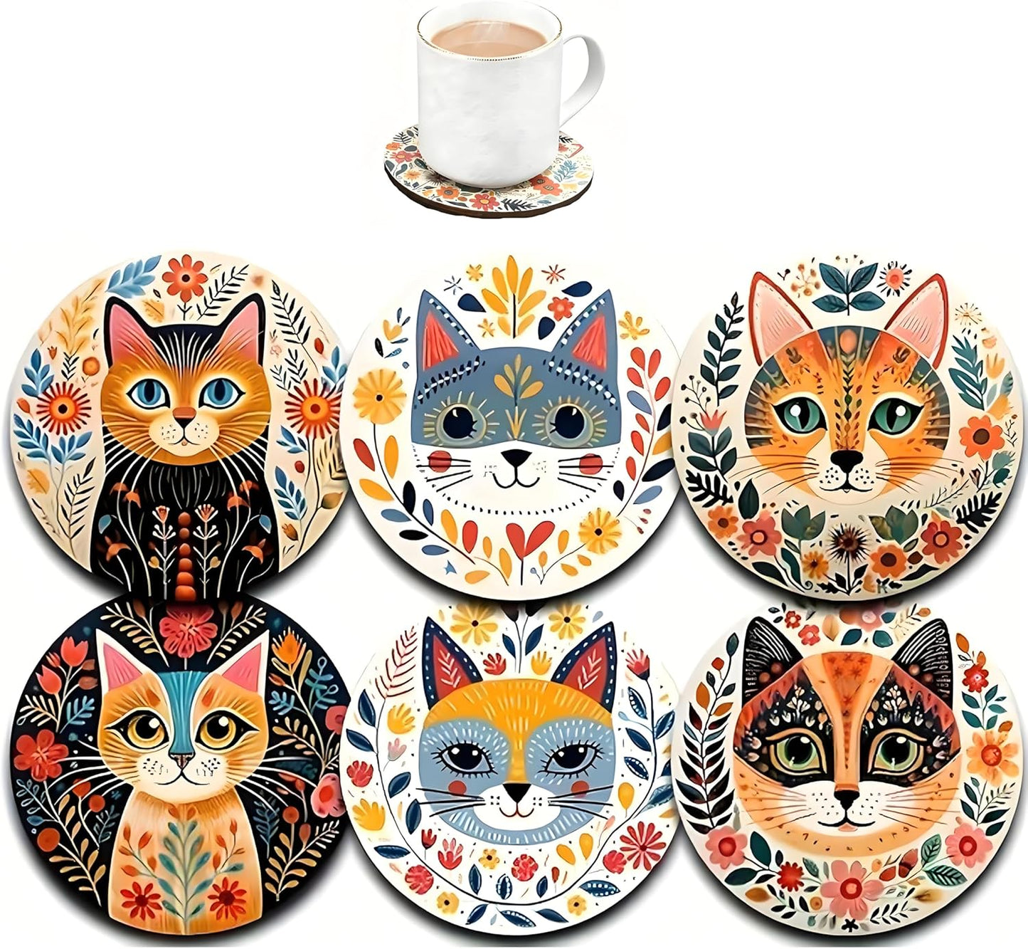 Coasters Set of 6, Wood Coasters for Drinks - Handcrafted Cat Design Thick Heat-Resistant for Beer, Coffee, Office, Bar, Farmhouse Home Decor, Tabletop Protection, for All Cups