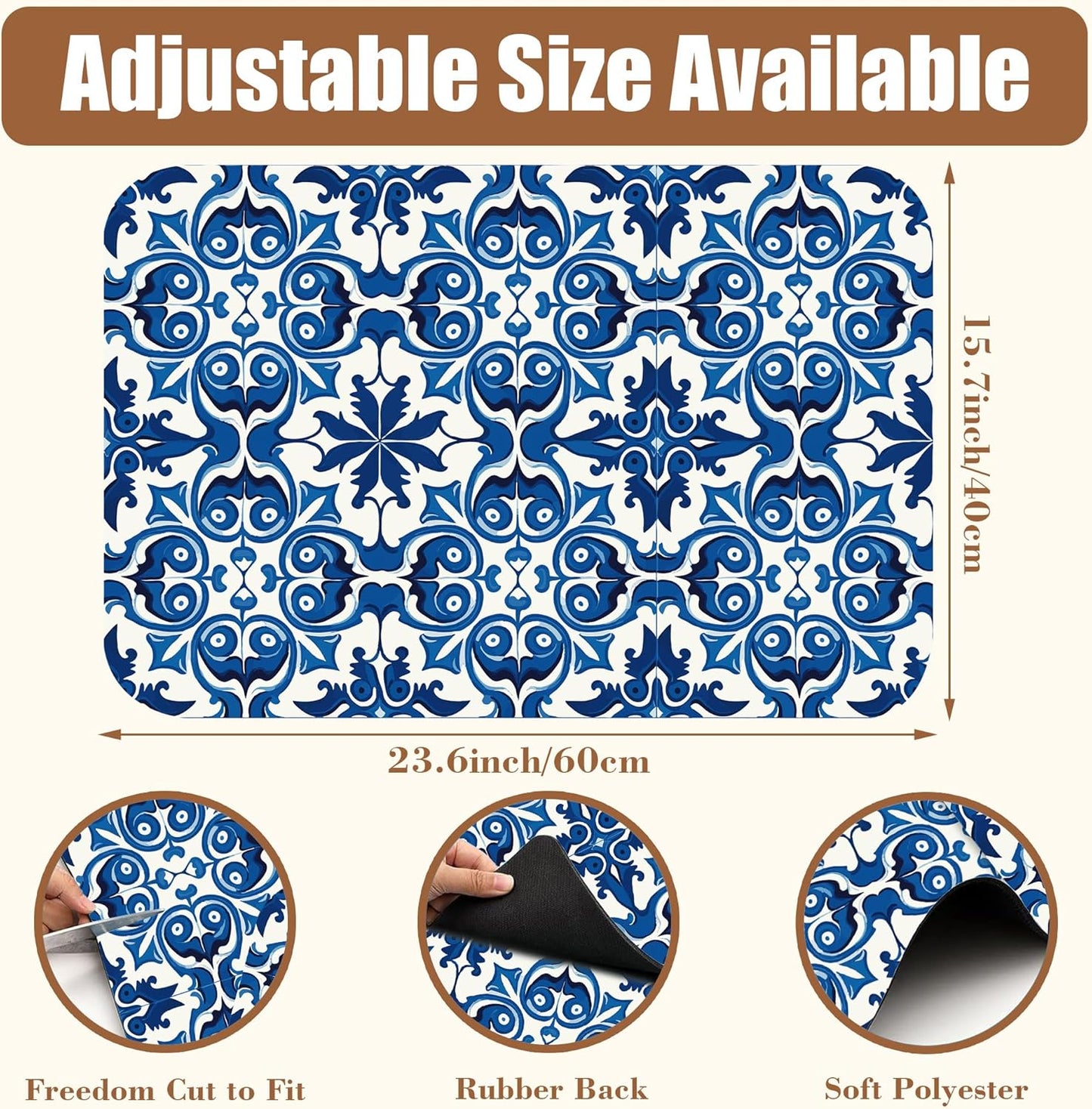 Dish Drying Mat Blue Portuguese Tiles Coffee Bar Mat for Countertop - Absorbent Rubber Backed Hide Stain Dish Drainer Rack - Coffee Maker Pot Dining Room Decoration 15.7 x 23.6 Inch