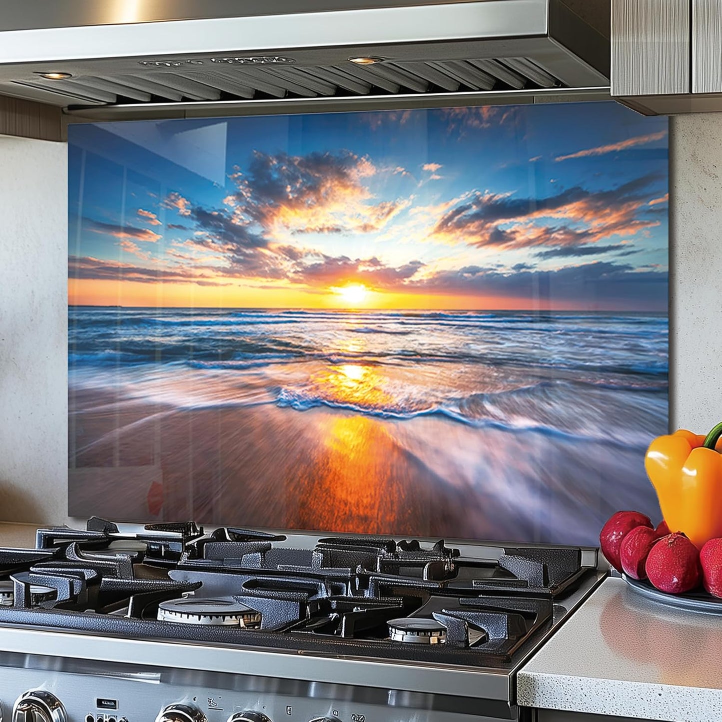 Tempered Glass Backsplash For Kitchen Behind Stove,Sea Beach Stove Backsplash Top Cover,Easy to Clean Glass Splashback, Sink Cover Splash Guard,Home Kitchen Wall Decor (30"x30"(76.2x76.2cm))
