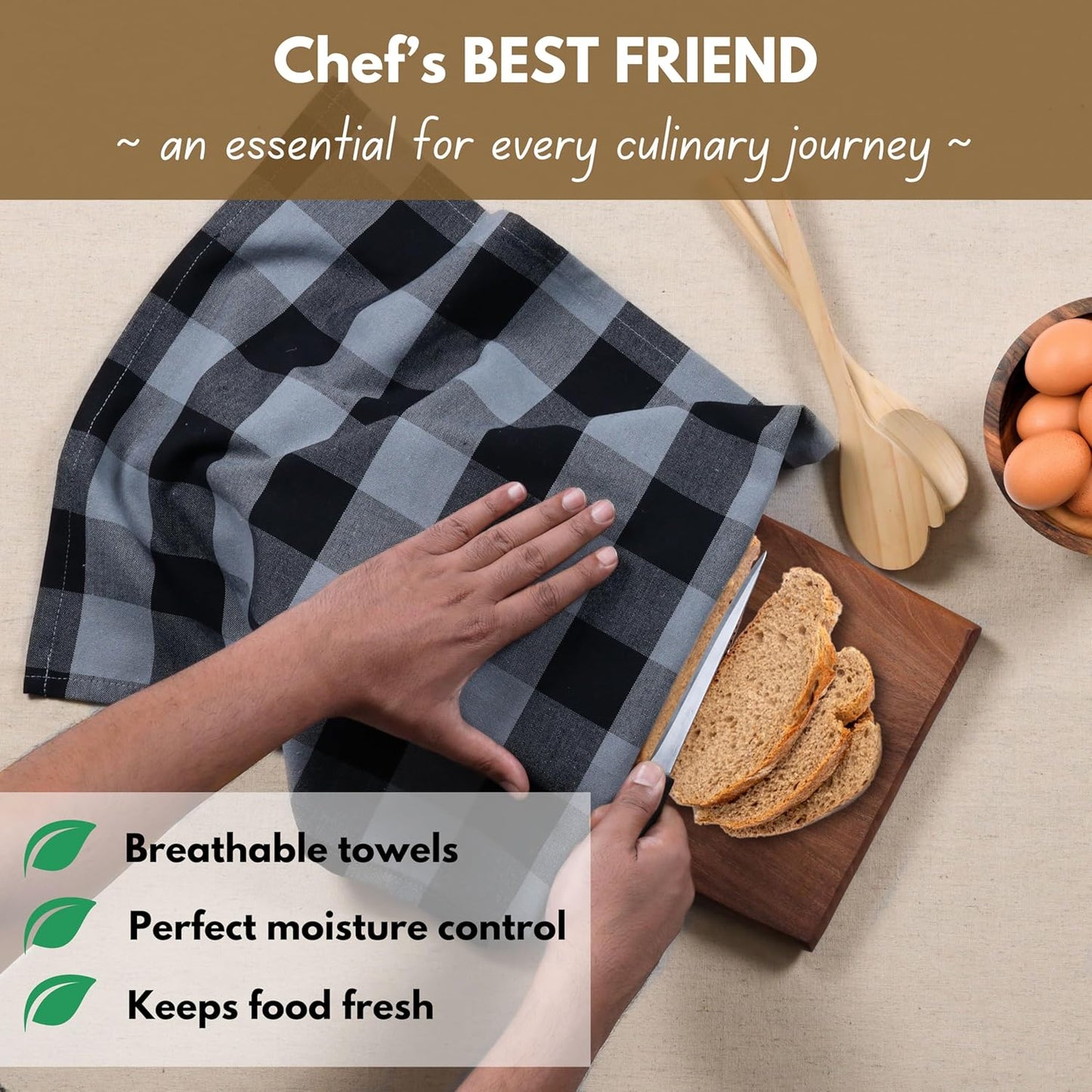 Native Fab Buffalo Check Kitchen Dish Towels, 4 Pack, Cotton, Durable, Washable 16"x26" - Tea Towel, Soft Absorbent Cleaning Towels, Hand Towels with Hanging Loop - Black, Grey