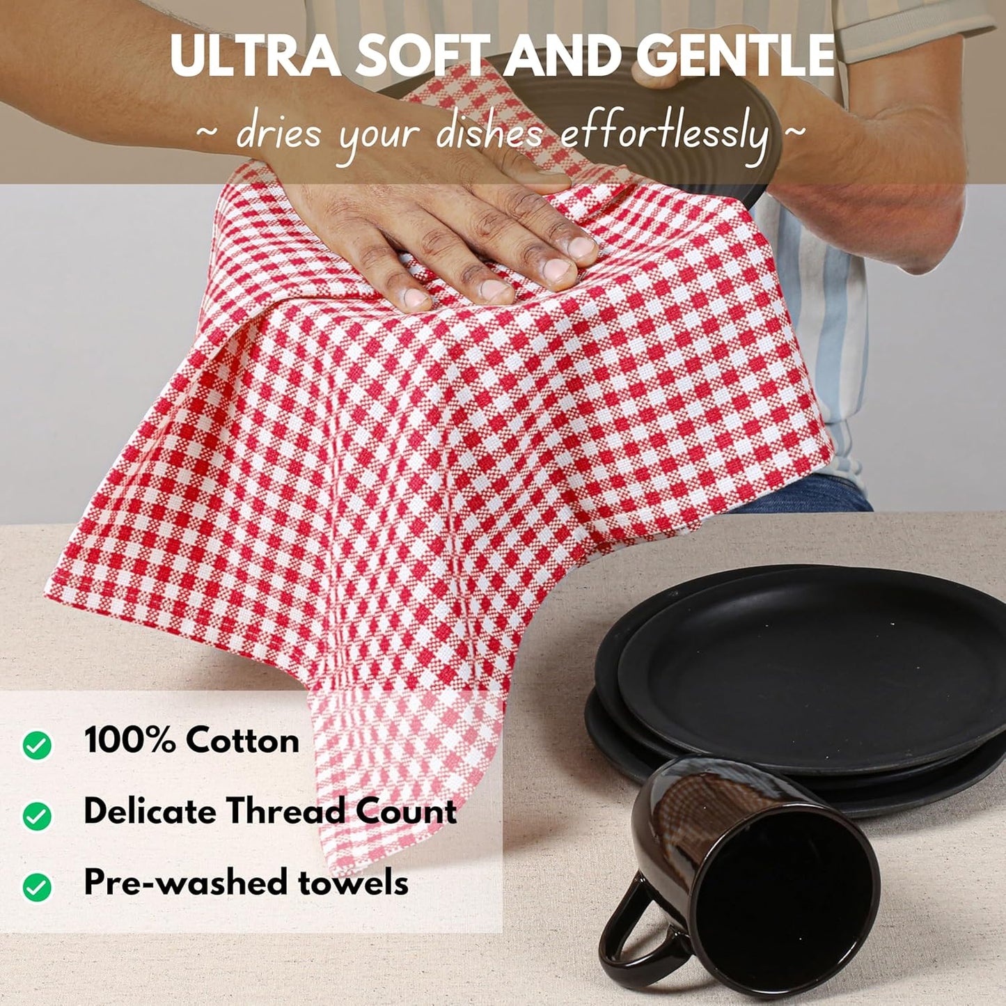 Native Fab 12 Pack Gingham Check Kitchen Towels 16"x26" - Mini Plaid Cotton Dish Towels Washable - Absorbent Tea Towel, Soft Hand Towel with Hanging Loop, Dish Cloth Set - Red White