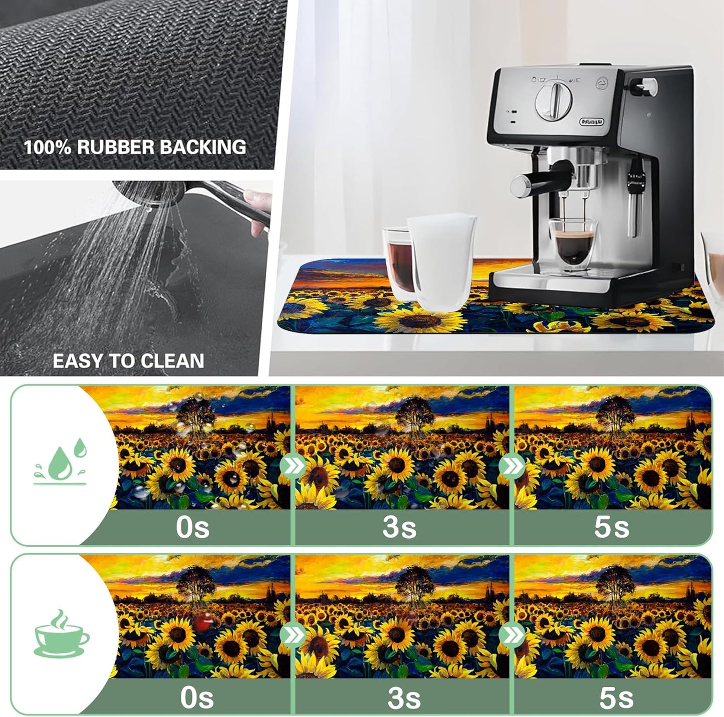 Sunflower Field Dish Drying Mat,12"X19" Absorbent Fast Dish Drying Mat for Kitchen Counter Pot and Pan, Kitchen Accessories