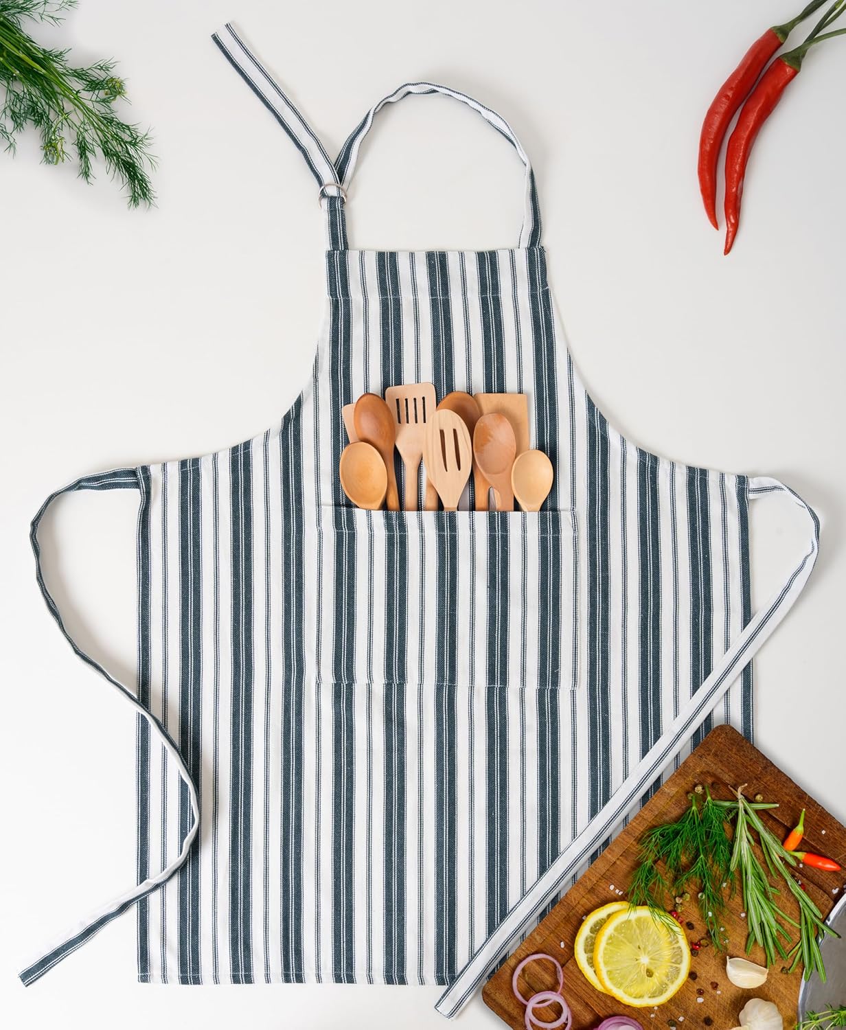 Cotton Professional Apron For Kitchen – 28 x 32 Inches – Women & Men – Useful When Cooking, Baking, Gardening – Adjustable Strap Around Waist & Neck With Pockets Navy Blue Stripes