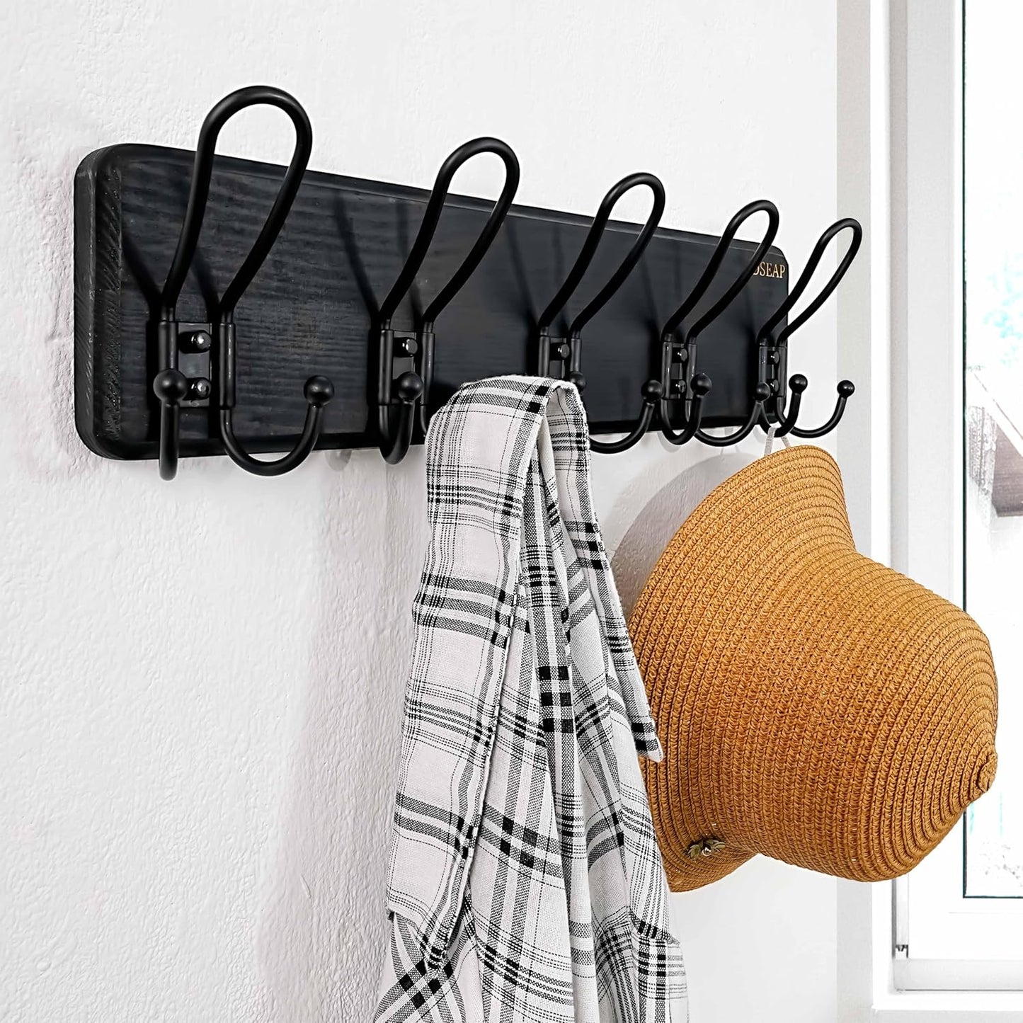 Dseap Coat Rack Wall Mounted - Heavy Duty Farmhouse Rustic Wall Coat Hanger with 5 Wire Hooks for Clothes Hat Jacket Towel, RusticWire, J1-5A, Black, Pack of 2
