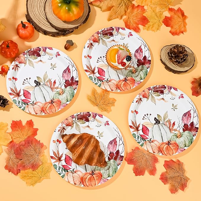 AllReal Fall Pumpkins Paper Plates Rustic Pumpkin Leaves Disposable Party Plate 7" Thanksgiving Autumn Dessert Plate for Birthday Baby Shower Party Supplies Table Decor (24)