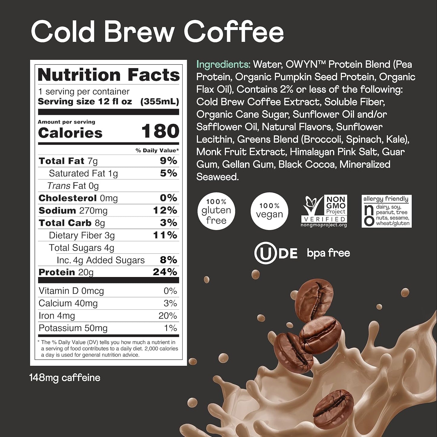 OWYN Only What You Need Vegan Plant-Based Protein Shake, Cold Brew Coffee, 12 Pack, with 20g Plant Protein, Omega-3, Prebiotic supplements, Superfoods Greens Blend, Gluten-Free, Soy-Free, Non-GMO