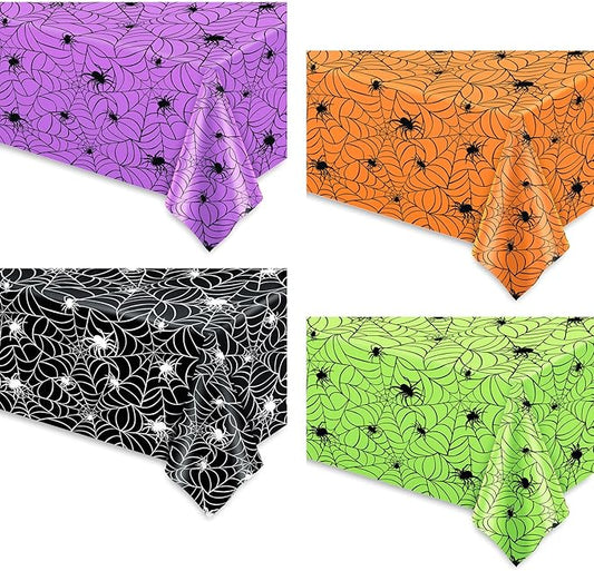 Whaline 4 Pcs Halloween Plastic Tablecloths Colored Spider Web Disposable Table Cover Spiderweb Rectangle Table Cloth for Trick or Treat Holiday Party Decor, 54 x 108 Inch