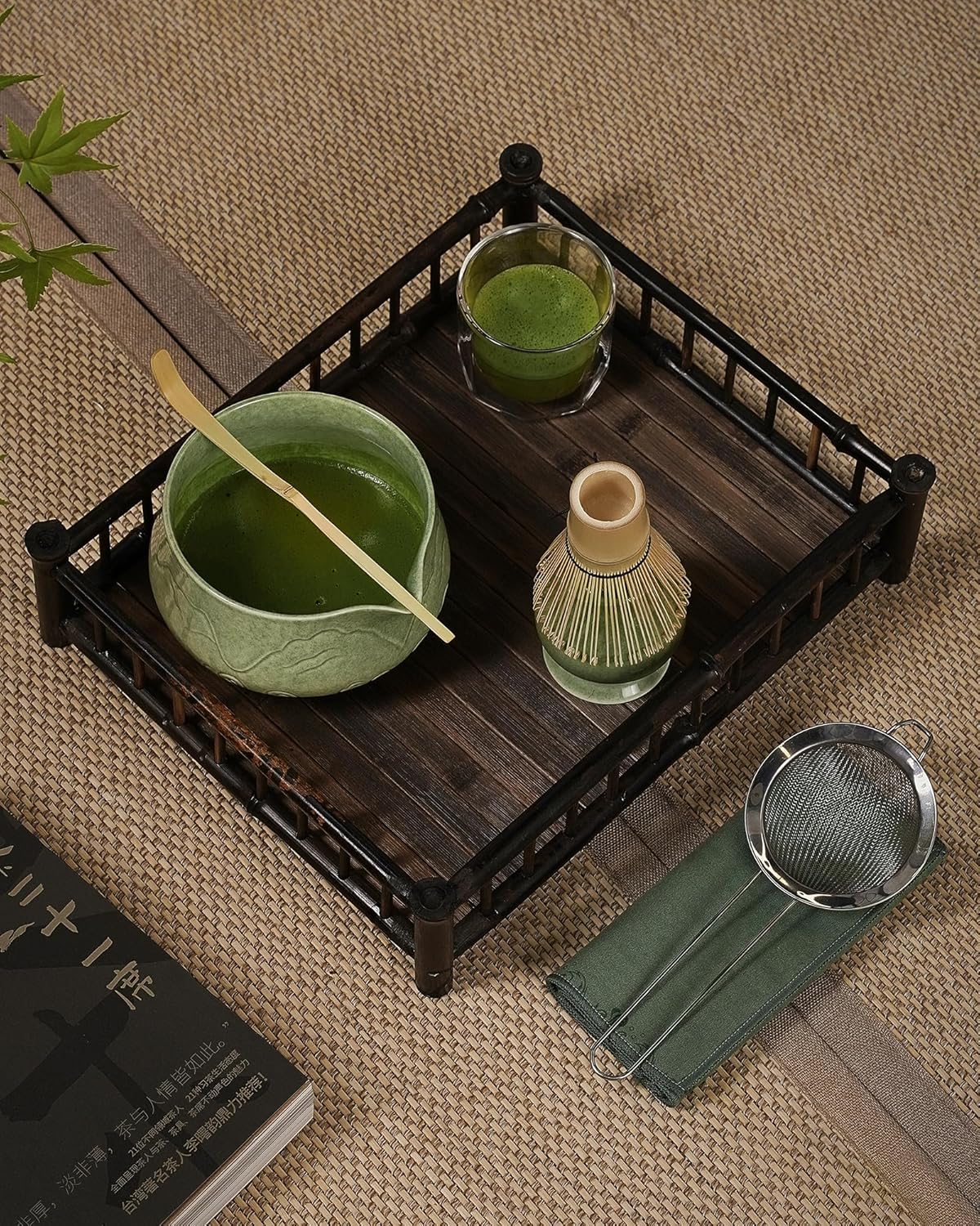 ZENS Matcha Whisk Set, 15oz Ceramic Matcha Set Includes Matcha Bowl, Bamboo Whisk & Chasen Holder, Sifter, Scoop & Tea Towel, 6pcs Matcha Kit for Matcha Latte, Emerald Green