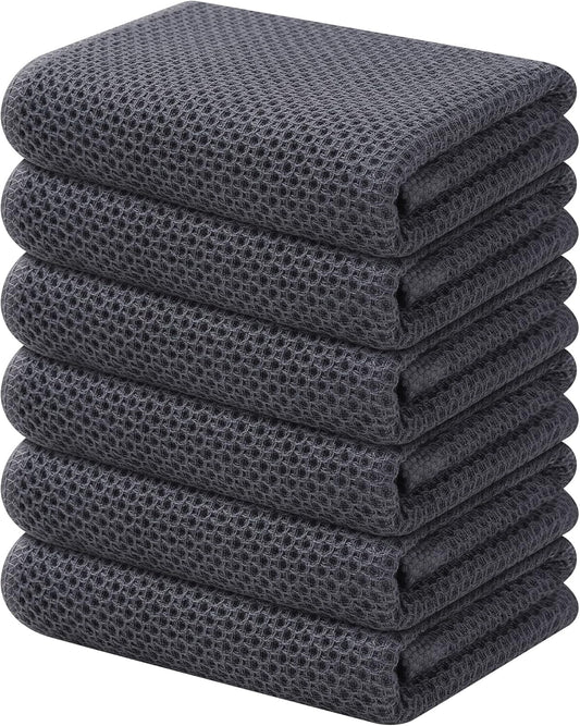 Kitinjoy 100% Cotton Waffle Weave Kitchen Towels, 6-Pack Super Soft and Absorbent Dish Towels for Drying Dishes, Kitchen Hand Towels, 13 in x 28 in, Dark Grey
