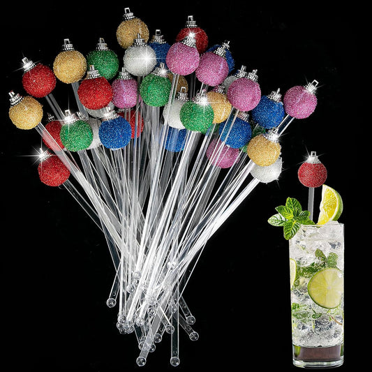 Iceyyyy 36 Pcs Christmas Glitter Ball Drink Stirrers-Reusable Round Top Christmas Stir Sticks-Colorful Swizzle Sticks for Home Holiday Cocktails Party Coffee Bar Juices Shop