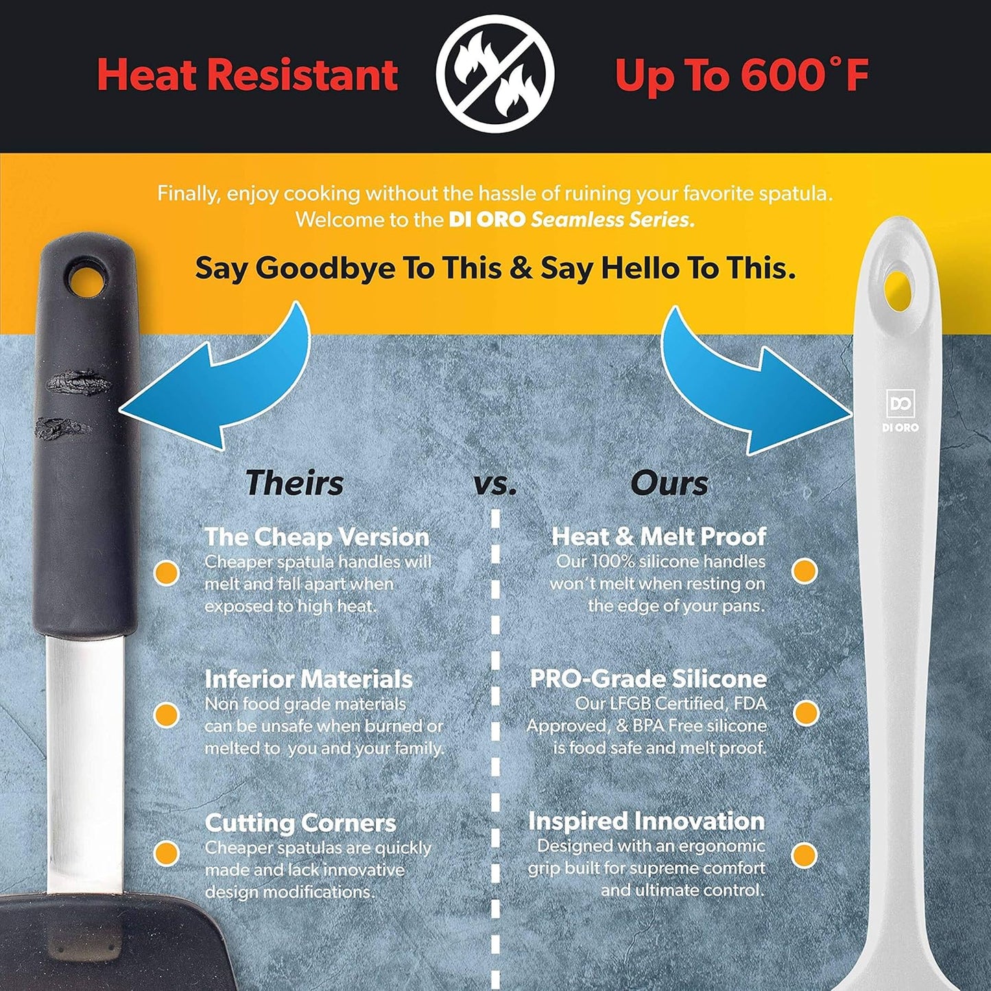 DI ORO Silicone Spoon Spatula - Forever Warranty - 600°F Heat-Resistant Large Silicone Spoonula Scraper - BPA Free Nonstick Cookware Safe Rubber Kitchen Utensil for Baking, Cooking, & Mixing (Stone)