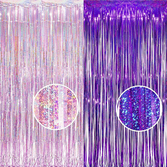 BRAVESHINE 1 Purple 1 Pink Streamers Party Photo Backdrop - 3.2 ft x 8.2 ft Metallic Tinsel Foil Fringe Curtains for Valentine’s Day/Women Birthdays/Engagement/Bridal Shower/Bachelorette Decorations