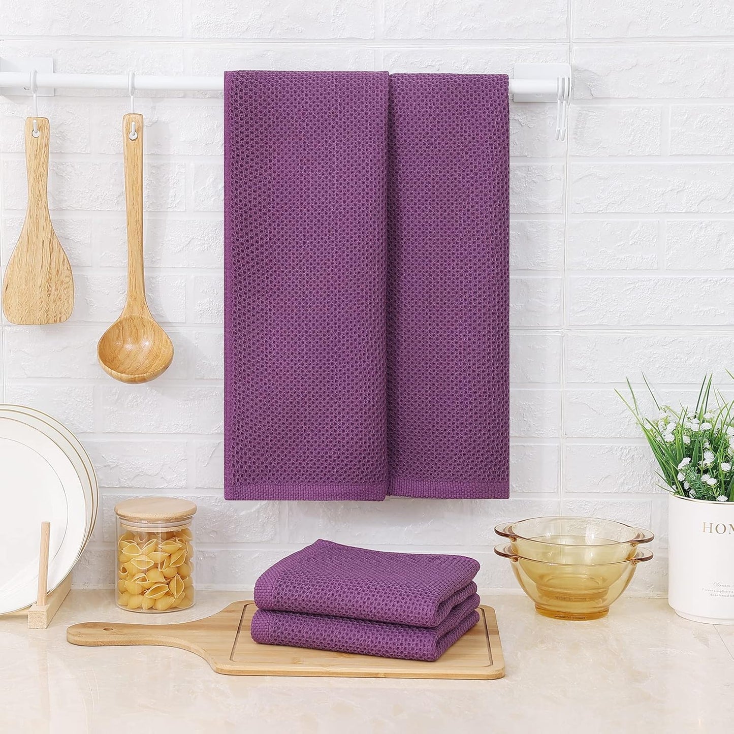 Kitinjoy 100% Cotton Waffle Weave Kitchen Towels, 4-Pack Super Soft and Absorbent Dish Towels for Drying Dishes, Kitchen Hand Towels, 13 in x 28 in, Violet