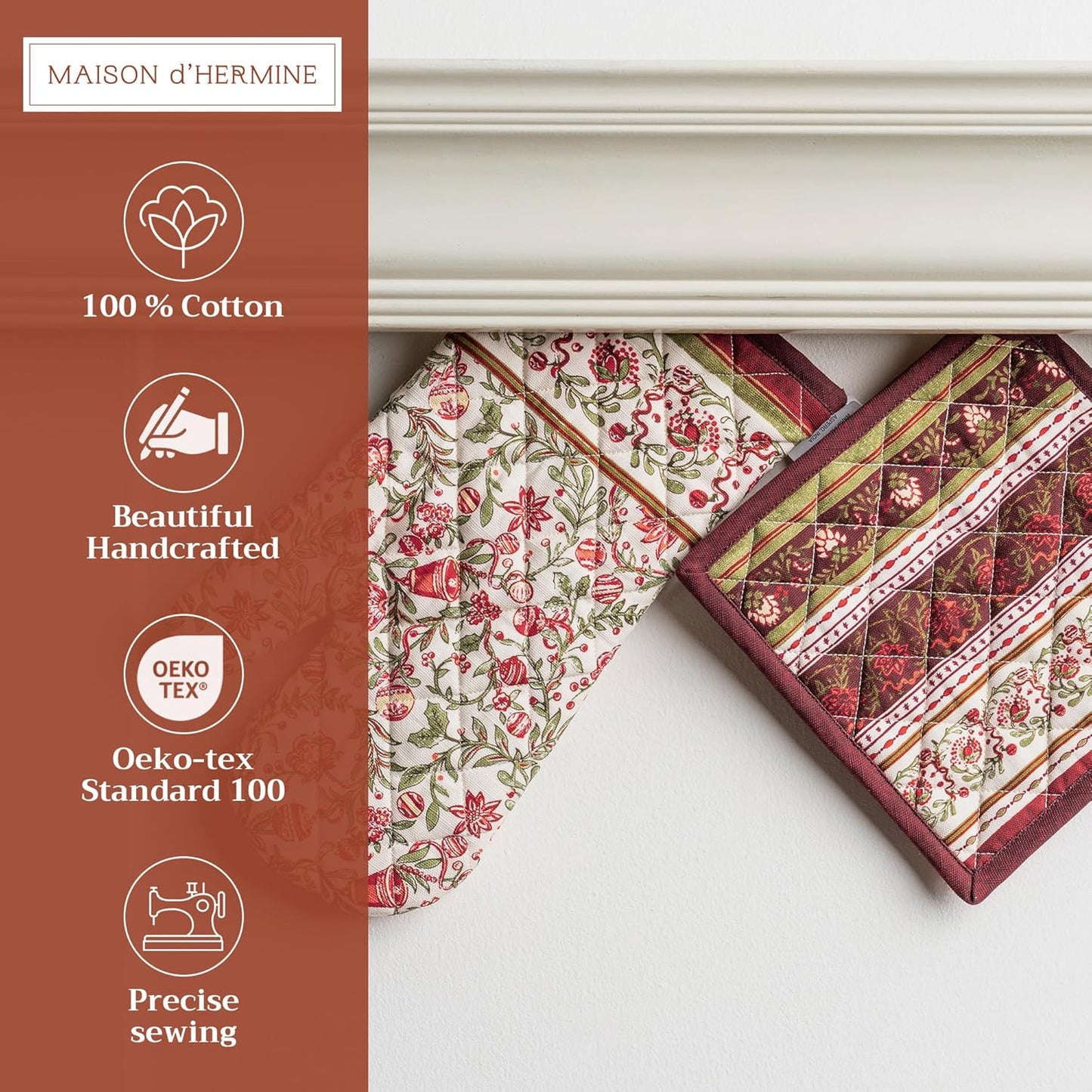 Maison d' Hermine 100% Cotton Oven Mitt & Pot Holder Set (7.5"x13" & 8"x8") Heat Resistant BBQ Cooking Gloves with Loop, Baking, Grilling, Kitchen, Handling Hot Pans (Reveillon Au Jardin)