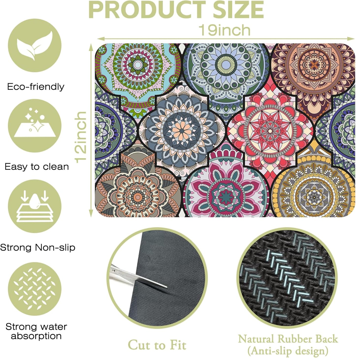 Dish Drying Mat Bohemia Vintage Decorative Pattern Kitchen Mat 12"x19" Bsorbent Coffee Maker Mat for Dishes,Utensils Coffee Maker Pots and Pans Easy Clean Dish Slip Resistant Pad