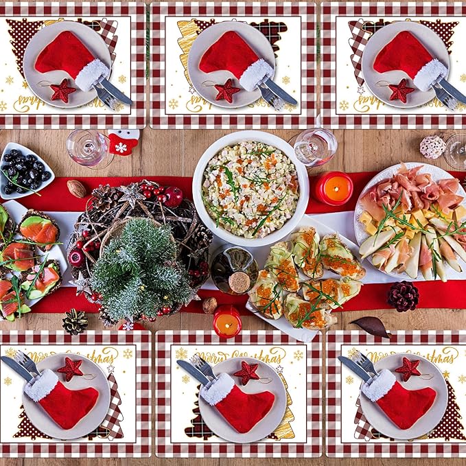 Winter Christmas Placemats Set of 6 Merry Christmas Watercolor Buffalo Plaid Plastic Table Mats Red Gold Xmas Trees Place Mat Holiday Table Decoration for Indoor Outdoor Party Kitchen Dining