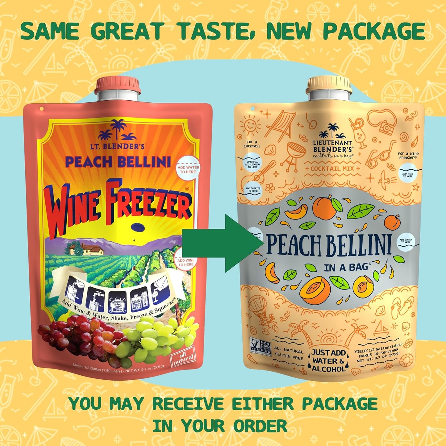 Lt. Blender's Peach Bellini in a Bag - Wine Slushie Mixes - Each Bag Makes 1/2 Gallon of Frozen Peach Bellini Mix – Non-GMO Wine Freezer mix - Make with Wine, Liquor or as a Mocktail - (Pack of 1)