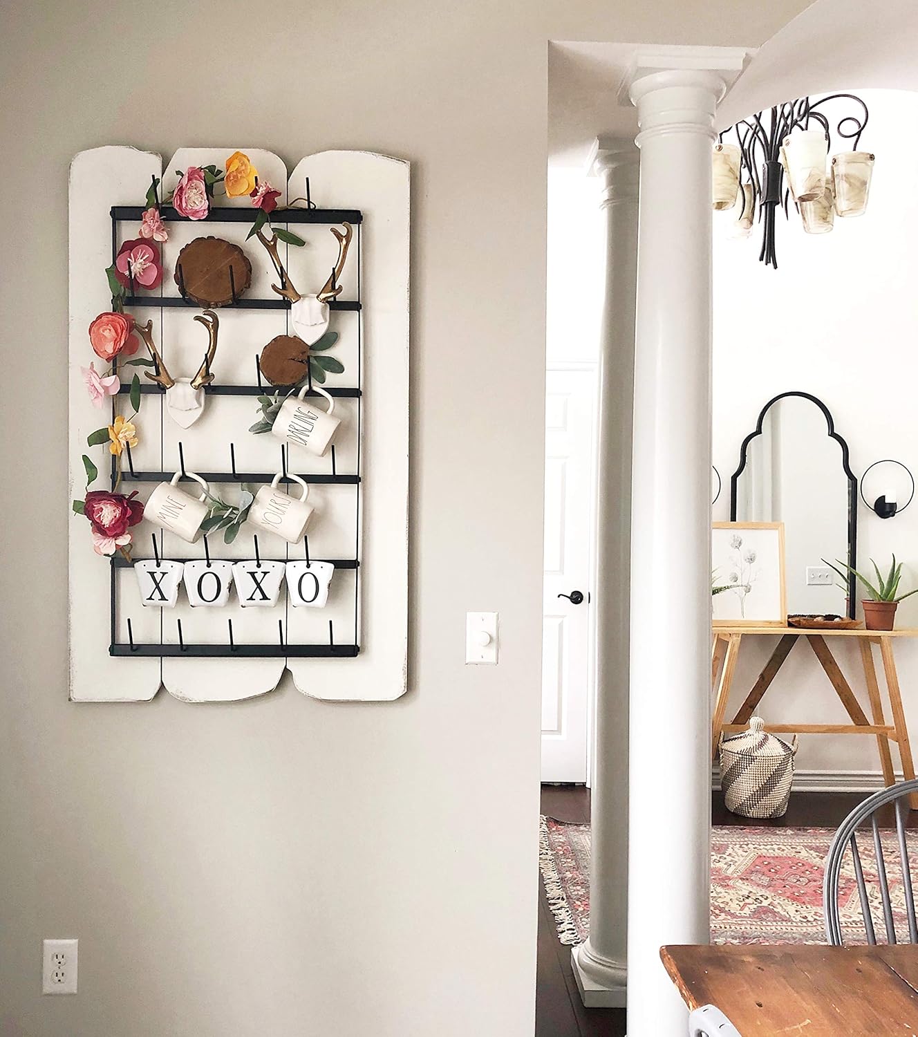 Wall Mounted Coffee Mug Rack - Large Rustic Black Iron Steel Kitchen Rack with 6 Rows - Storage for 27 Cups - Jar & Plate Holder - Vertical Display Organizer - Farmhouse Home Décor - Claimed Corner