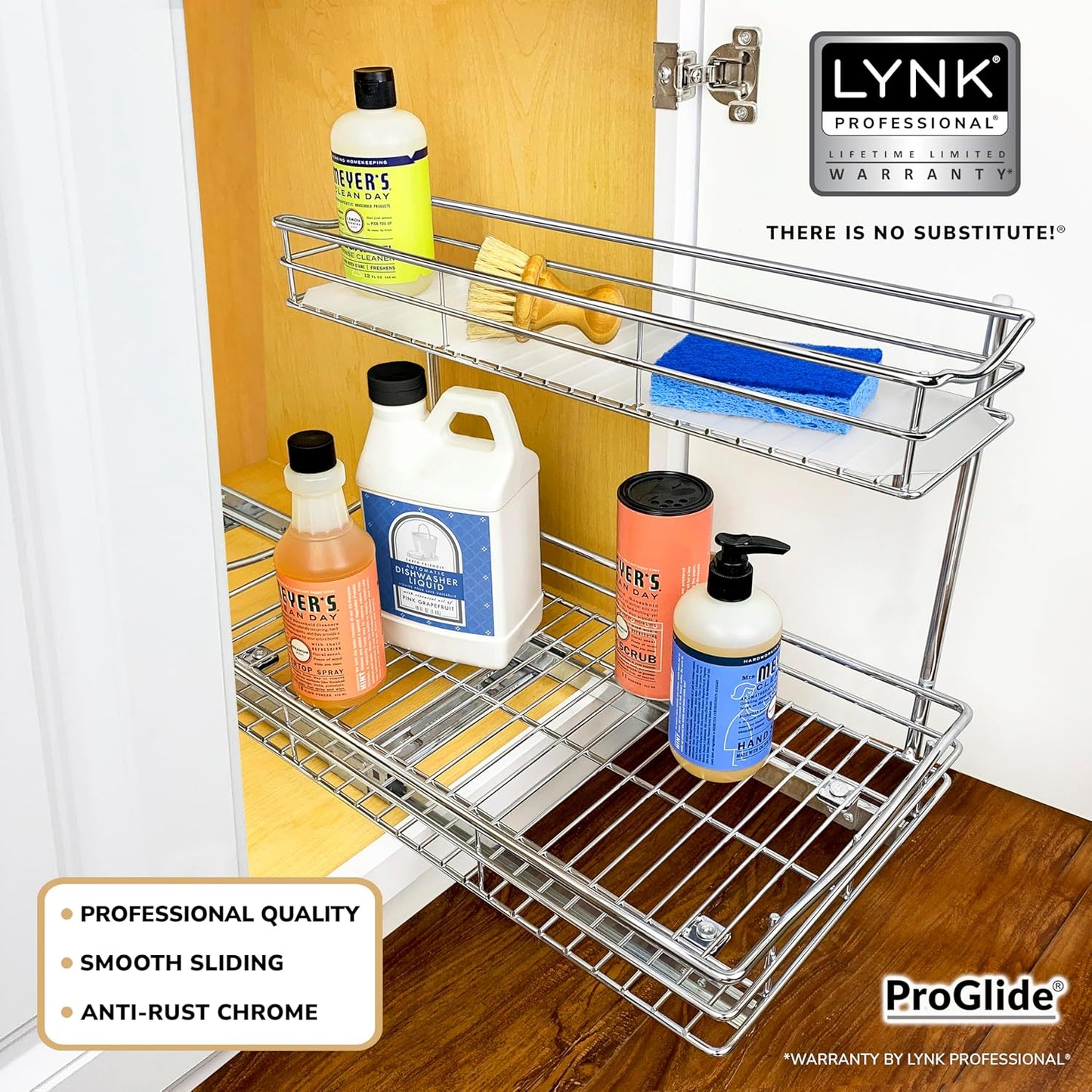 LYNK PROFESSIONAL® Pull Out Under Sink Kitchen Cabinet Organizer - 11.5 in. x 21 inch deep Drawer - Sliding Shelf Organizer for Cabinets and Undersink Storage Shelves - Lifetime Ltd. Warranty – Chrome