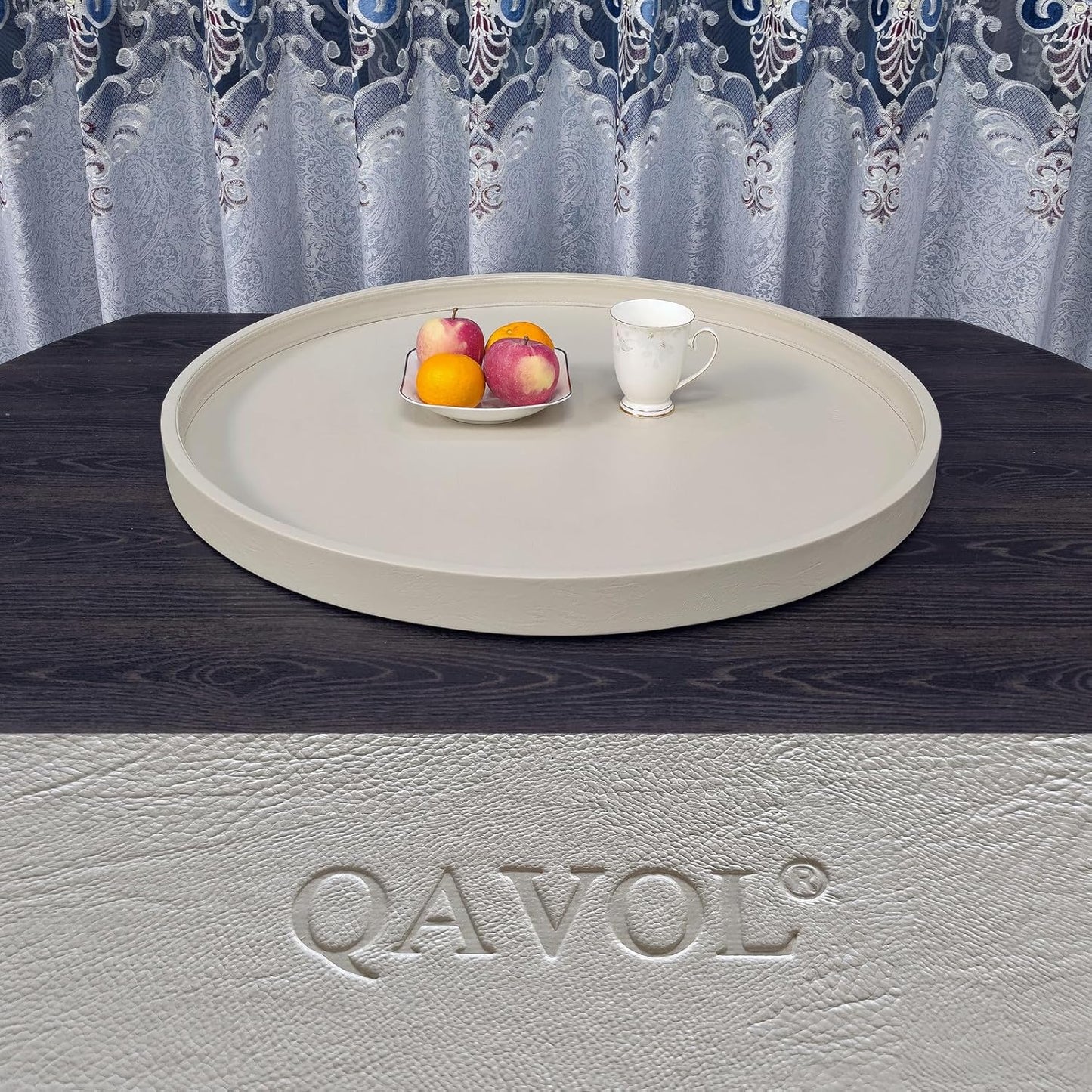 25 * 25 inches high-end Light Luxury Leather Round Oversized Service Tray, Ottoman Tray，Coffee Tray, Food Tray, Family Dinner, Out-of-House Picnic, Party Essential Tray (25 inch Beige)