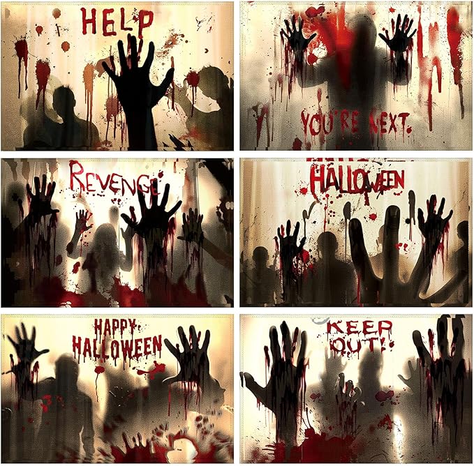 Umigy 6 Pcs Halloween Placemats 12"x18" Gothic Bat Placemats Kitchen Decoration Washable Witch Place Mats Rectangle Skull Table Mats for Halloween Dining Table Accessories (Bloody Hands Style)