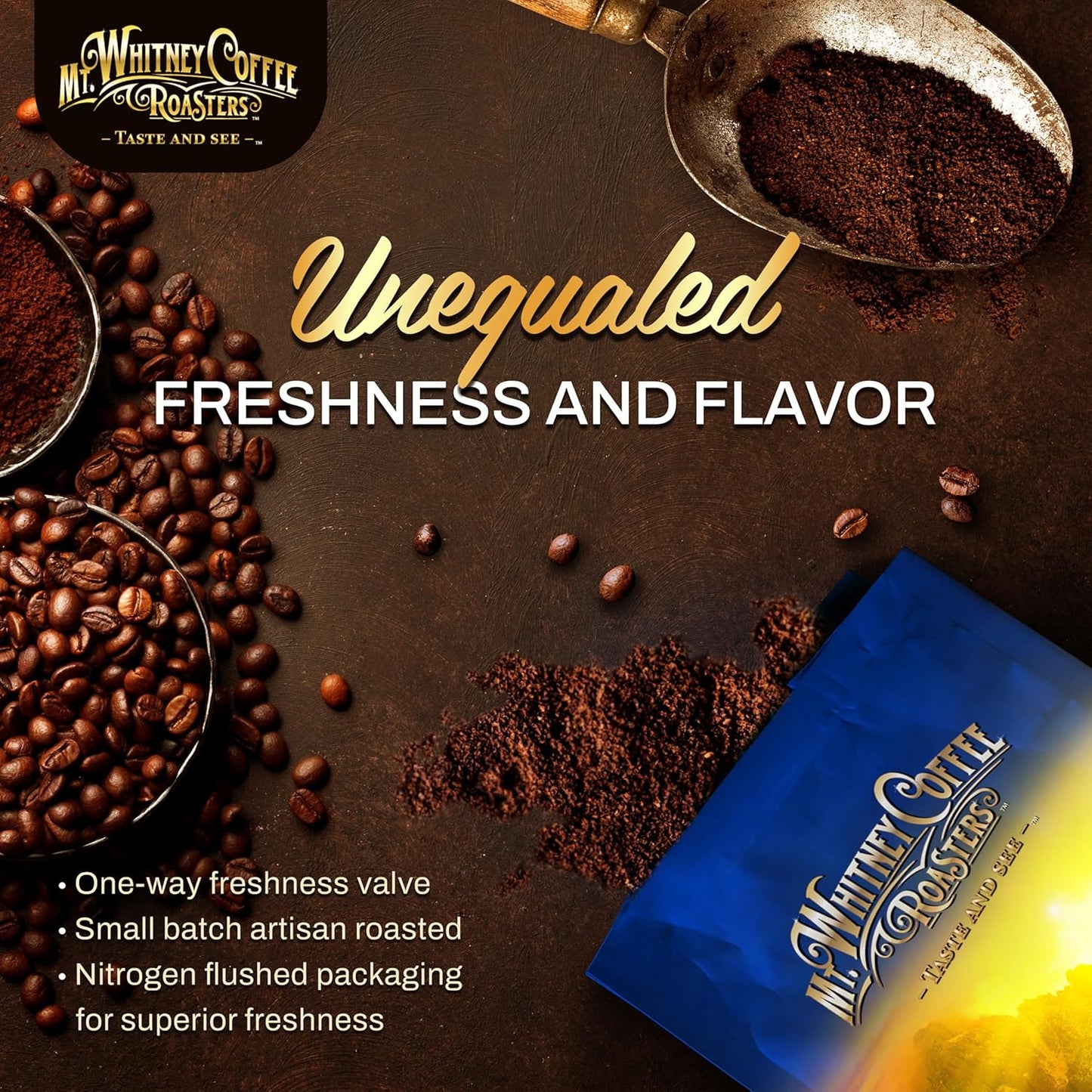 Mt. Whitney Base Camp Blend Coffee Beans - Medium Dark Roast Coffee, Low Acid Coffee - Ground Coffee, 12 oz (Pack of 1)