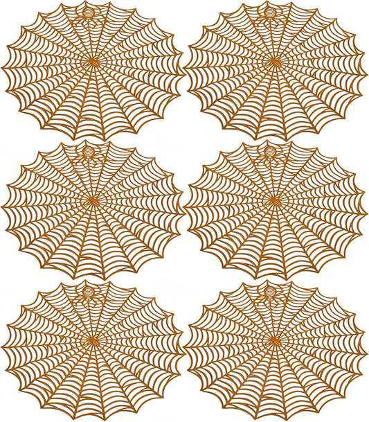 Sfcddtlg 6 Pcs Halloween Spider Web Placemats- 15"" Heat Insulation Halloween Placemats Spider Web Table Mats- Hollow Out Spiderweb Coasters Placemat for Dining Table Halloween Decoration (Brown)