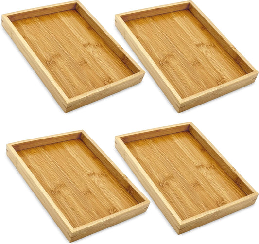 Bam & Boo (4-Pack) Natural Bamboo Rectangle Serving & Vanity Tray - for Kitchen, Bathroom, Countertop, Coffee Table (11" x 7.5" x 1.2")