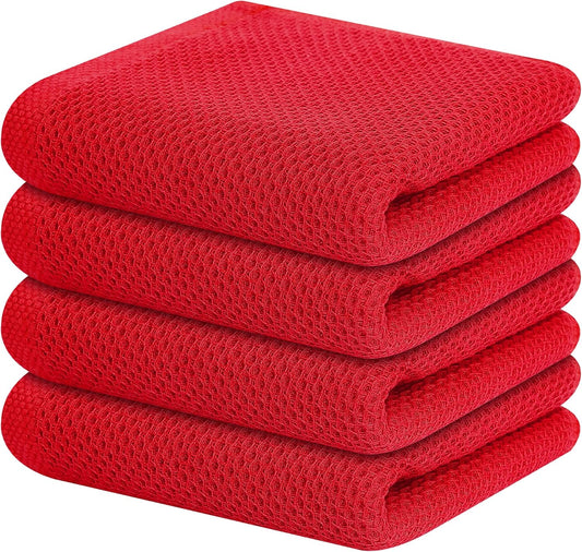 Kitinjoy 100% Cotton Waffle Weave Kitchen Towels, 4-Pack Super Soft and Absorbent Dish Towels for Drying Dishes, Kitchen Hand Towels, 13 in x 28 in, Red
