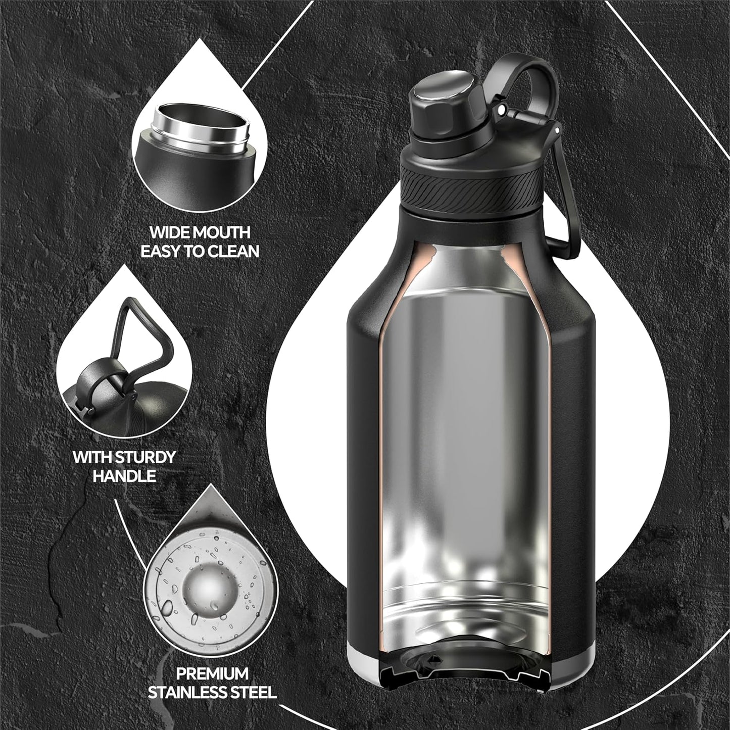 IDEUS Insulated Stainless Steel Water Bottle with 2 Leak-Proof Lids, Thermal Water Flask for Hiking Biking, 64oz, Black