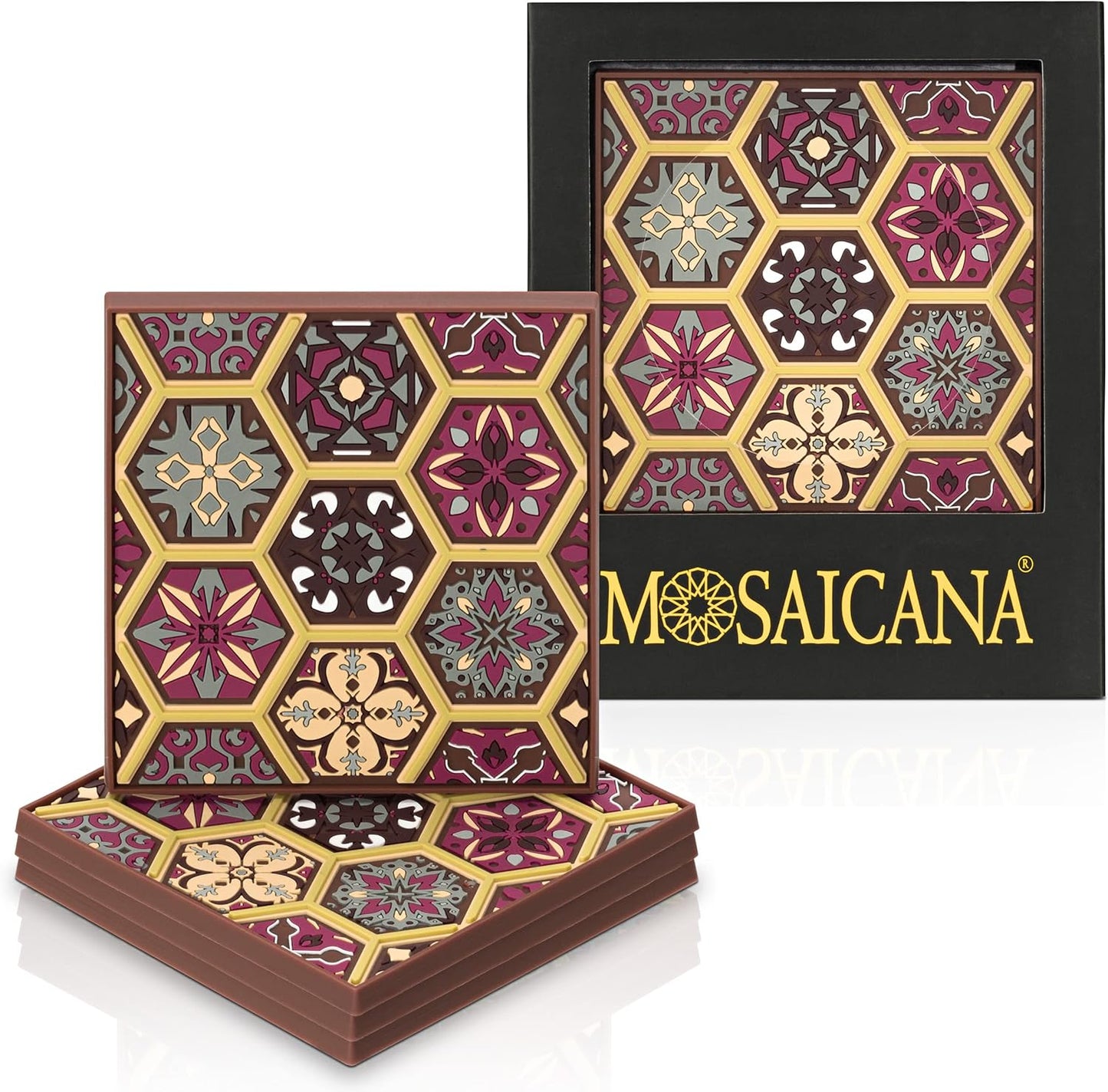 Coasters for Drinks – Set of 4 Coasters, Silicone, Protect Against Water Marks or Damage - Fit All Cups, 3.5" Inch Size Fits, Colored Coasters (Burgundy)