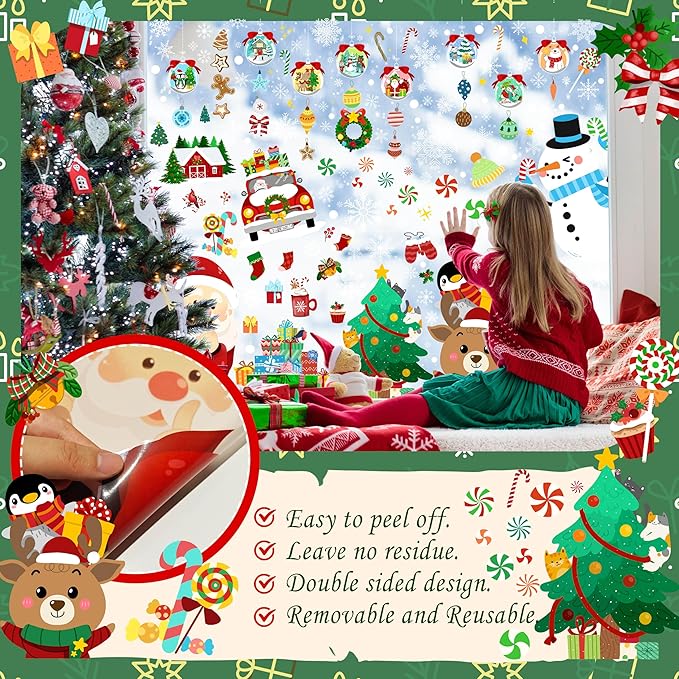 Christmas Window Clings - Christmas Large Window Stickers for Glass Window, Reusable Static Vinyl Double-Sided Winter Decals, Cute Snowflake Snowman Holiday Xmas Decorations, 197 PCS/9 Sheet
