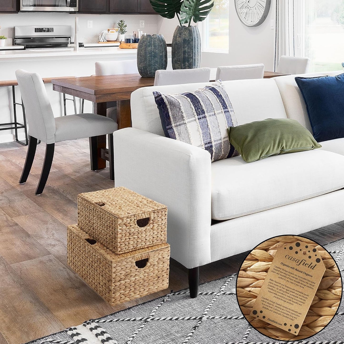 Casafield Set of 2 Water Hyacinth Rectangular Storage Baskets with Lids (Natural - Medium/Large) for Bedroom, Bathroom, Laundry, Home Office