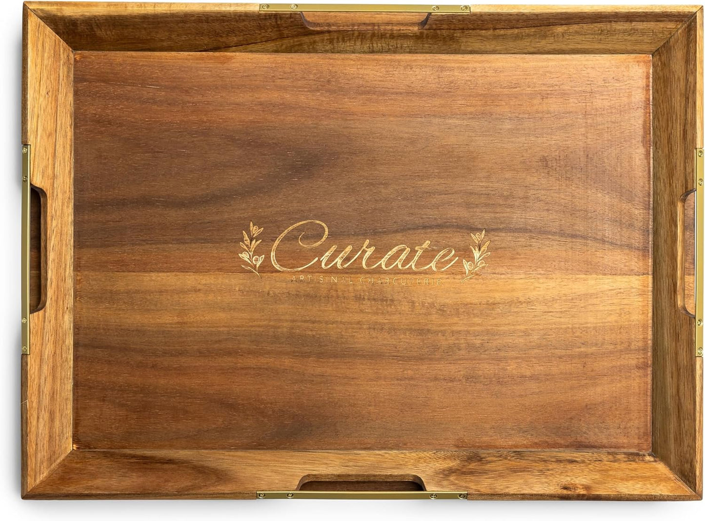 Curate Medium Acacia Wood Serving Tray with Handles for Coffee Table, Breakfast & Dinner, Rustic Decorative Wooden Serving Tray for Kitchen, Dining & Charcuterie Boards, (20.8" x 10.8" x 2")