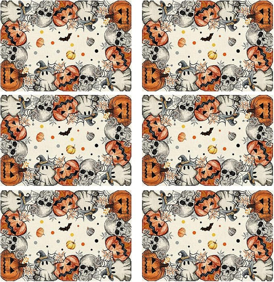 XCHI Spooky Skeleton Ghost Pumpkin Halloween Placemats Set of 6 Table Mats for Party Home Kitchen Dining Table Decorations 12x18 Inch