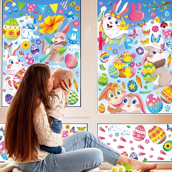 Large Easter Window Clings - Bunny Window Stickers Decals for Glass Windows, Cute Easter Egg Double Sided Reusable Window Holiday Decorations, Bird Office Spring Patry Decor, 9Sheet/121PCS