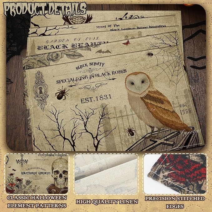 Umigy 6 Pcs Halloween Placemats 12"x18" Gothic Bat Placemats Kitchen Decoration Washable Witch Place Mats Rectangle Skull Table Mats for Halloween Dining Table Accessories(Poster Style)