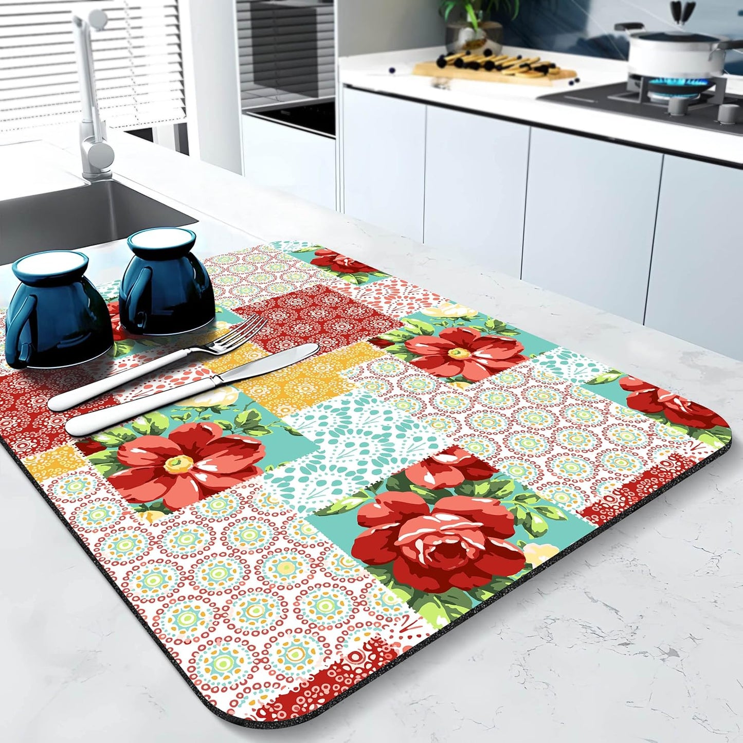 Rubber Dish Drying Mat for Kitchen Counter Large Boho Flowers Washable Quick Home Coffee Pad Fit Under Sink,Bar,Utensils 18x24in