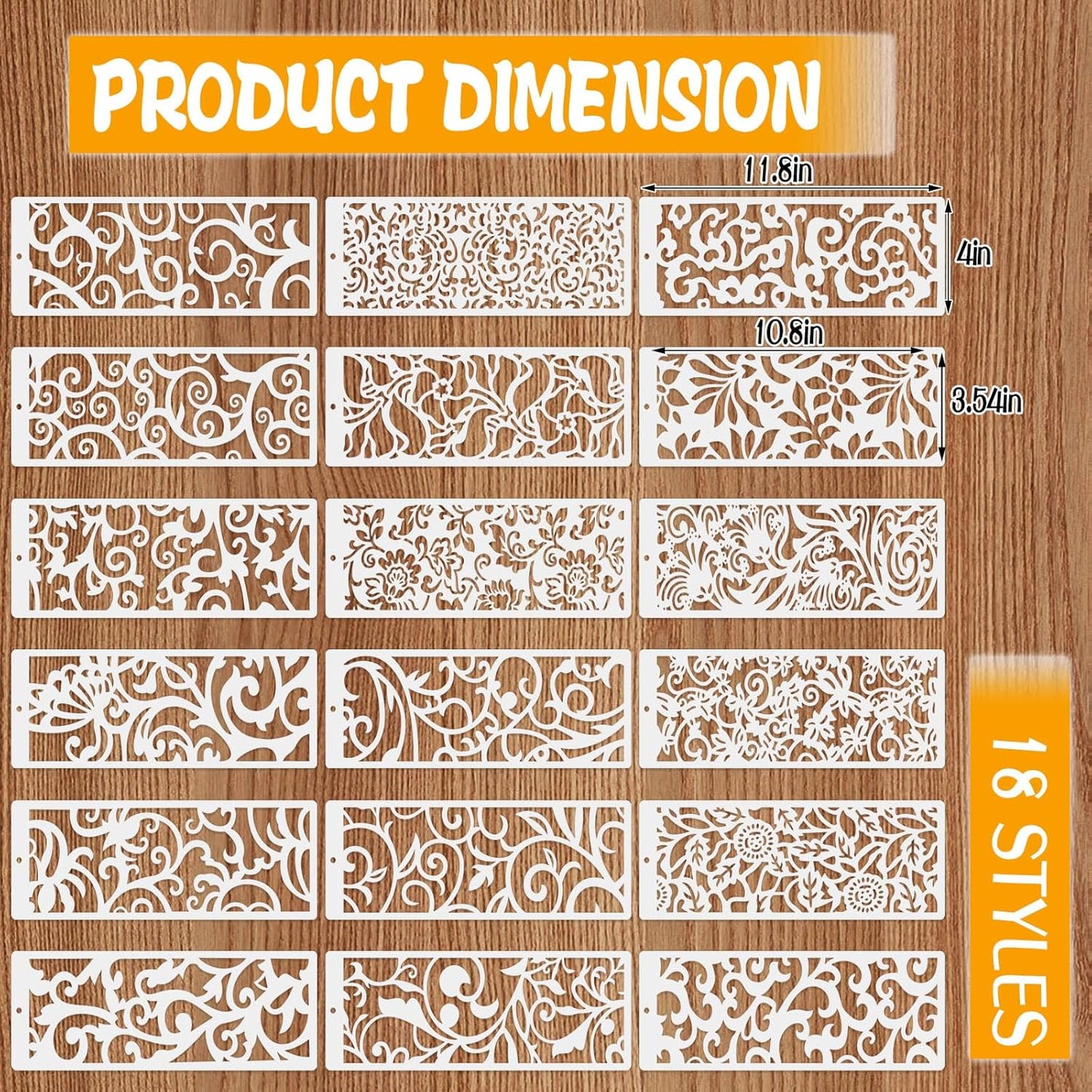18 Pcs Large Flower Border Stencils for Painting, Reusable Plastic Leaf Cake Decorating Stencils for Baking, Hollowed Floral Edge Painting Templates for DIY Wood Wall Tile Furniture Canvas, 4" x 11.8"