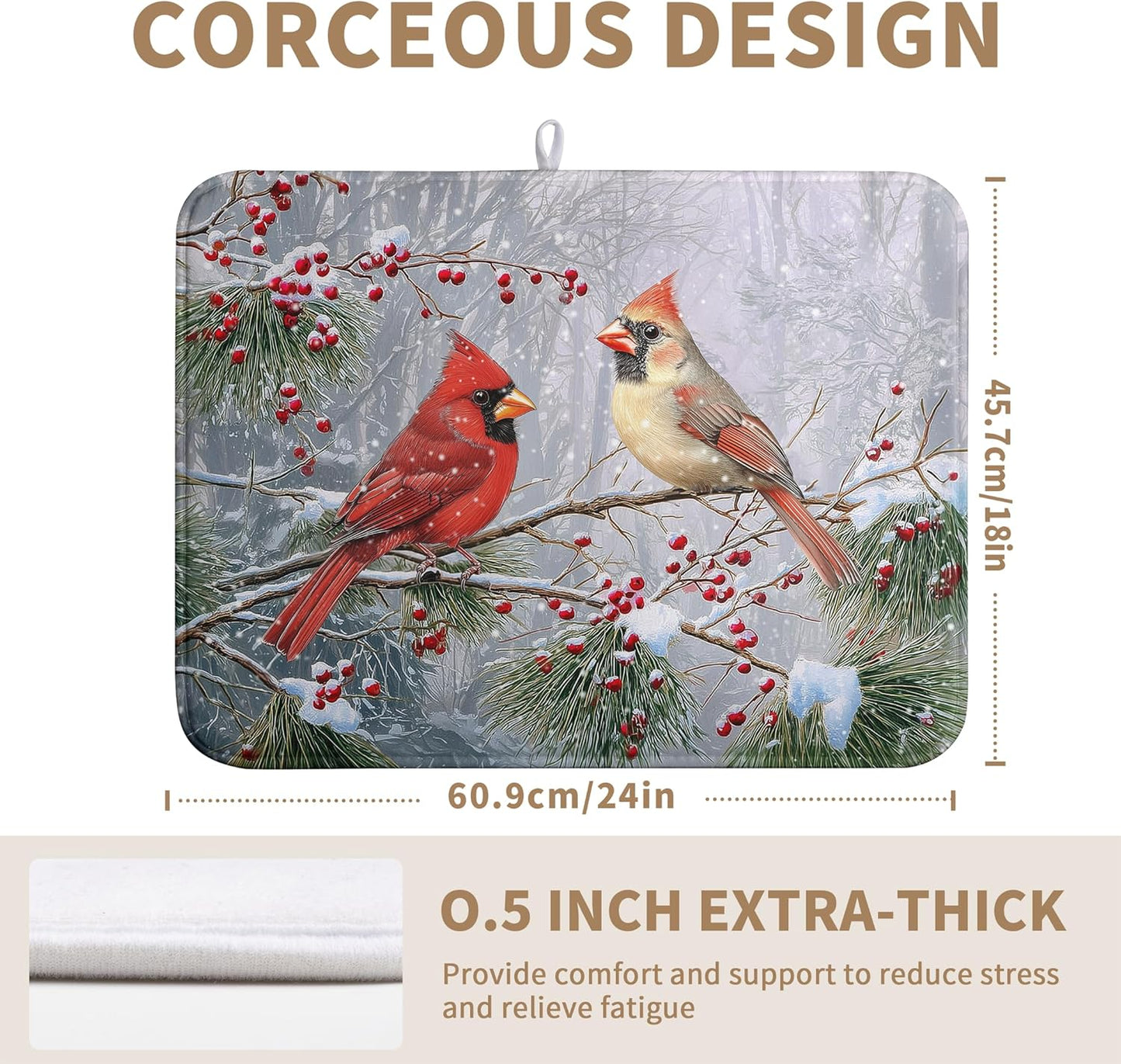 Winter Cardinal Birds Dish Drying Mats Christmas Snowflake Dish Mat Kitchen Tree Large Drying Matt Dishes Dryer Pad for Kitchen Counter Absorbent Microfiber Washable Foldable Reusable 18x24 in