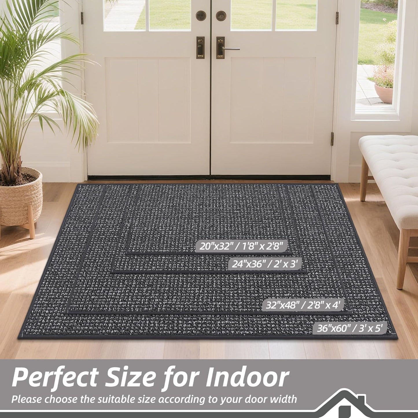 BEQHAUSE Dirt Trapper Door Mat 20" x 32", Non-Slip Washable Doormats Entrance Mat, Dirt Resistant and Absorbent Welcome Mat, Low Profile Floor Mats for Front Back Door and Entryway, Charcoal