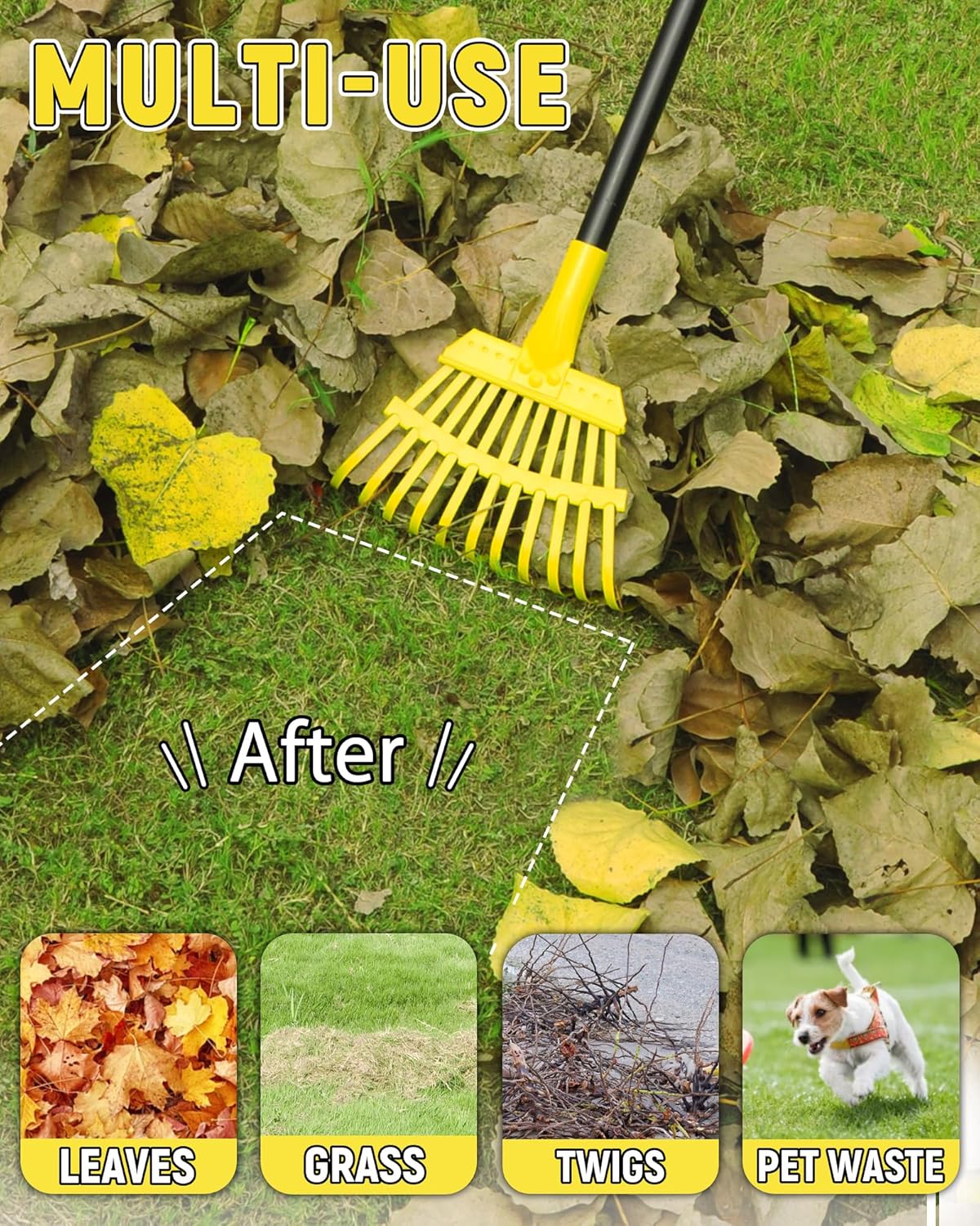 Garden Leaf Rake, 8.7” Wide Metal Rake with 11 Teeth, 59" Adjustable Long Handle, Heavy Duty Lightweight Leaf Rakes for Small Lawn Yard Shrub,Tight Spot Garden Bed Leaf Debris Picking Cleaning