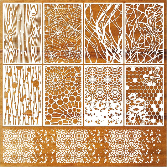 8 Pieces Stencils for Crafts Reusable Texture Spider Stencils Net Wood Grain Stone Spray Paint Layering Stencil Templates for DIY Scrapbook